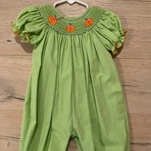 Petit bebe pumpkin smocked romper. Size 12mo